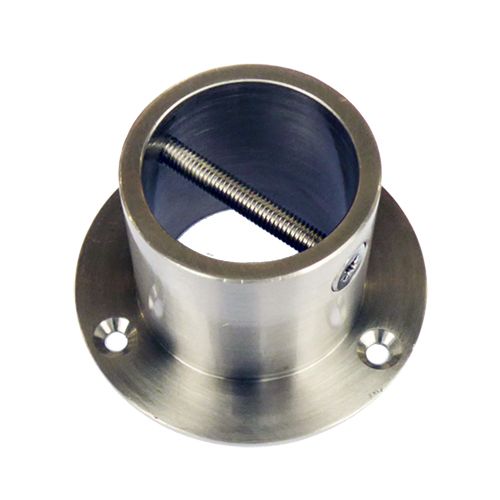 A satin chrome rope end cup/plate with visible screws and a metal cross screw, designed for attaching a rope to a post.