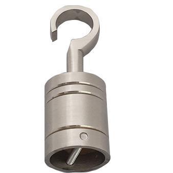 A satin chrome hook with a visible screw for securing a rope, against a plain background.