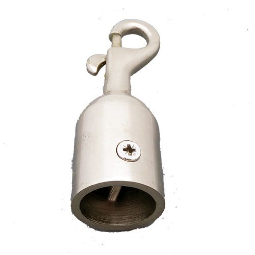 A satin chrome trigger hook with a visible screw for securing a rope, against a plain background.