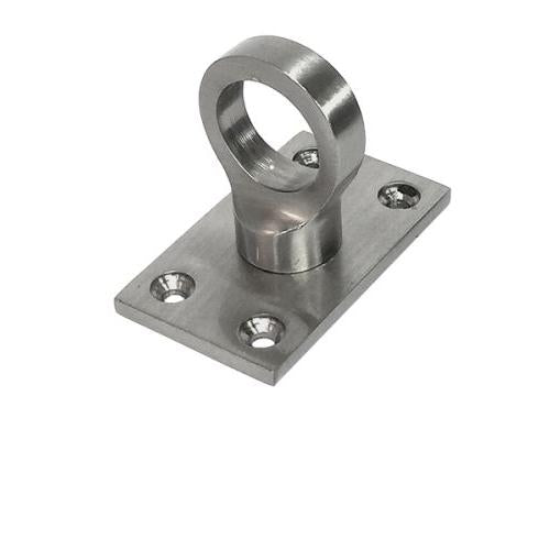 Satin chrome metal bracket with circular hole and four screws on a white background