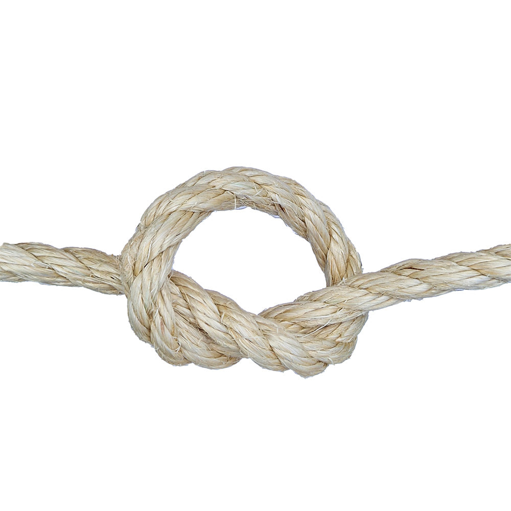 Close-up of a knotted natural sisal rope on a white background