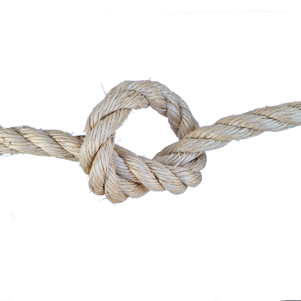 Close-up of a knotted natural sisal rope on a white background