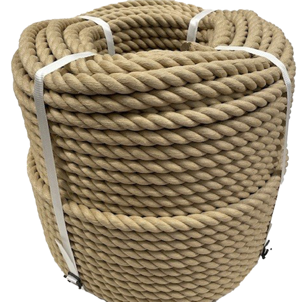 Coiled beige rope on a white background