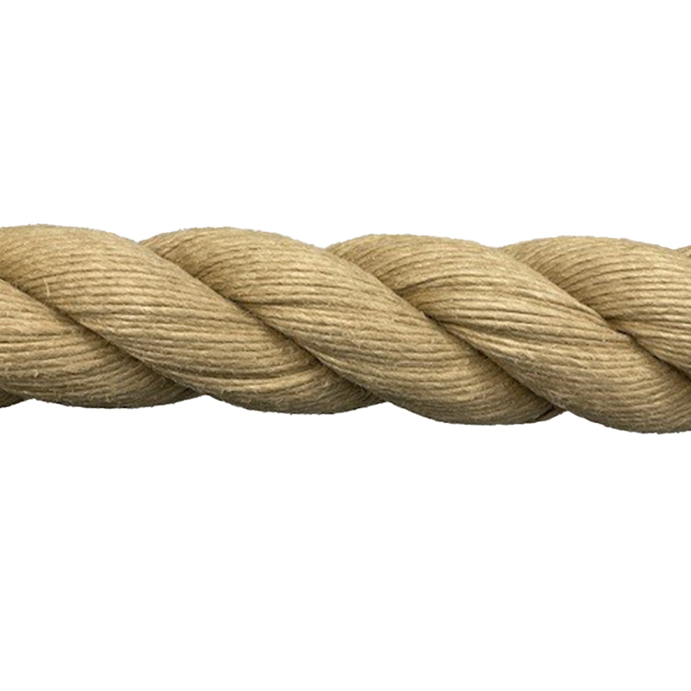 Close up of beige rope on a white background