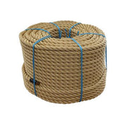 Coil of beige 28mm synthetic sisal rope with blue binding on a white background.