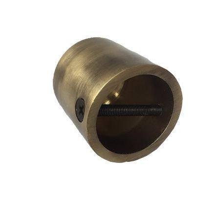 Antique brass cylindrical rope end cap with threaded screw on a white background