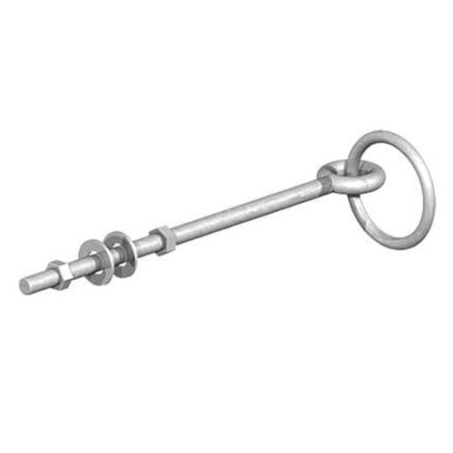 A welded galvanised steel eyebolt with an attached ring, intended for outdoor use as a wooden post fitting or animal manger ring.
