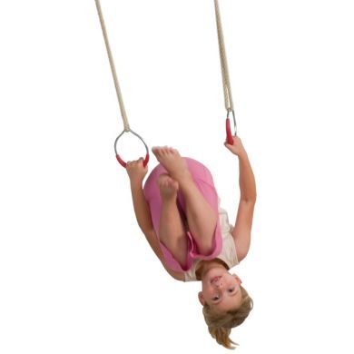 A child hanging from metal gym rings with adjustable synthetic hemp ropes.