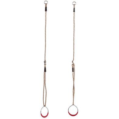Two ropes with red tipped metal gym rings on a white backgroundc gym rings