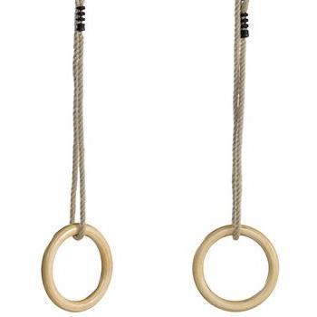 Two wooden rings on ropes hanging against a white background