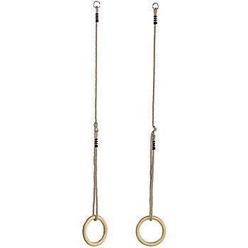 Two wooden gymnastic rings hanging from ropes on a white background