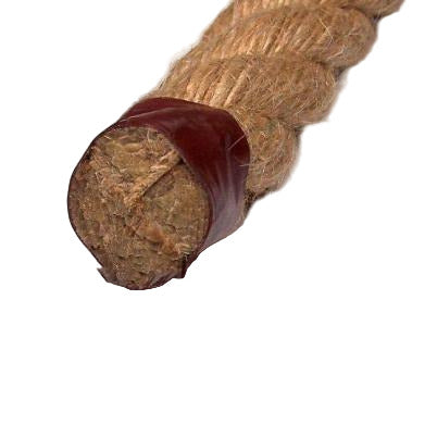 Close-up of 30mm jute rope with a brown taped end on a white background