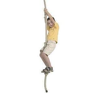 child climbing a knotted rope on a white background