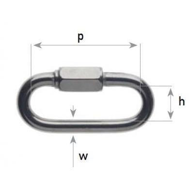 Measurement diagram of a metal quick link with labeled dimensions on a white background.