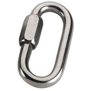 Metal quick link with a screw gate on a white background