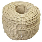 Coil of beige 12mm synthetic hemp rope on a white background