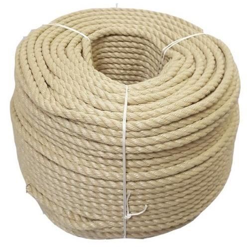 Coil of beige 12mm synthetic hemp rope on a white background