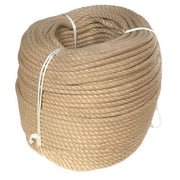 Coil of beige 10mm synthetic hemp rope on a white background