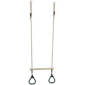 Two ropes with gymnastic rings under a wooden trapeze on a white background