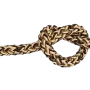 Close-up of a braided rope in a camouflage pattern with a knot on a white background