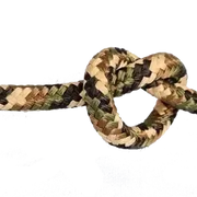 Camouflage-patterned rope tied in a knot on a white background