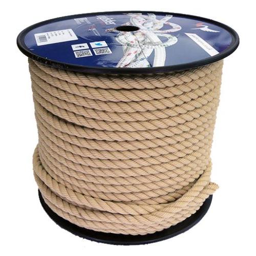 Spool of beige 12mm classic polyester rope with a blue label on a white background