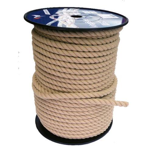 Spool of beige 14mm classic polyester rope on a white background