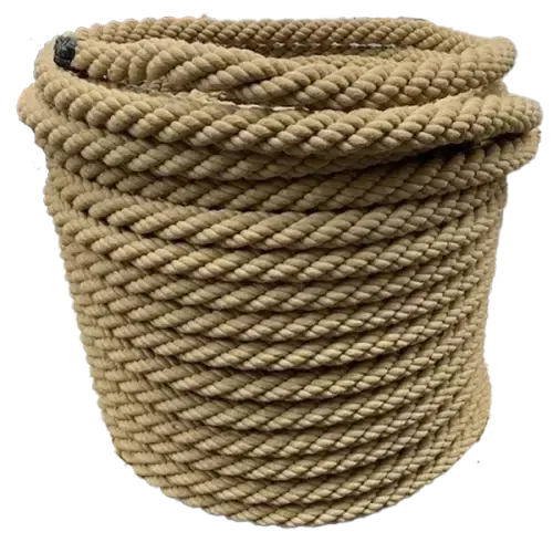 Coiled 65mm synthetic hemp rope on a white background
