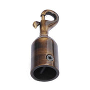 Antique brass trigger hook with a countersunk cross screw, designed for use with rope.