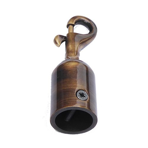 Antique brass trigger hook with a countersunk cross screw, designed for use with rope.