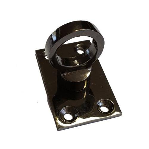 A glossy black nickel eye plate for rope hooks, including four mounting screws.