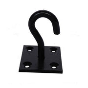 A black powder coated steel hook mounted on a square steel plate with multiple post fittings.