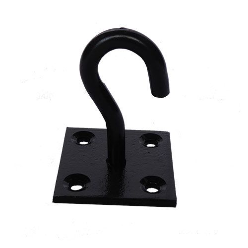 A black powder coated steel hook mounted on a square steel plate with multiple post fittings.