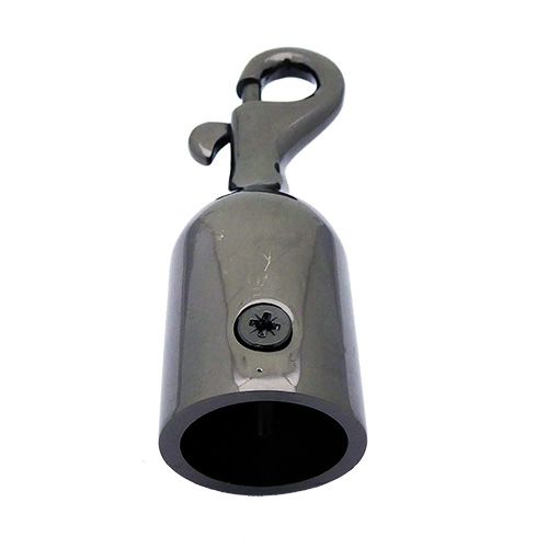 A glossy black nickel trigger hook with a visible screw for securing a rope, against a plain background.