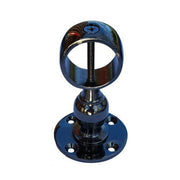 A glossy black nickel bracket for rope with a round hole and cross screw.