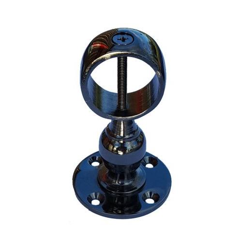 A glossy black nickel bracket for rope with a round hole and cross screw.