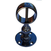 A glossy black nickel bracket for rope with a round hole and cross screw.