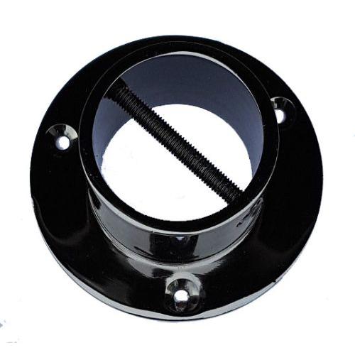A glossy black nickel rope end cup/plate with visible screws and a metal cross screw, designed for attaching a rope to a post.
