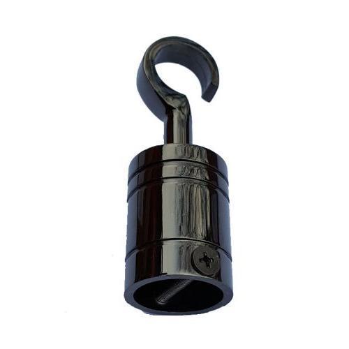 A glossy black nickel hook with a visible screw for securing a rope, against a plain background.