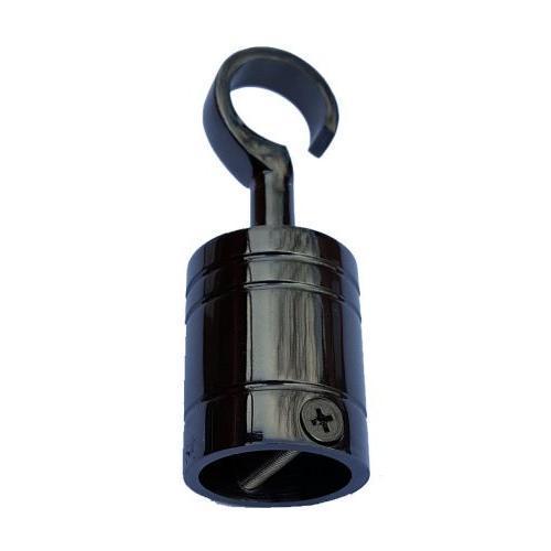 A glossy black nickel hook with a visible screw for securing a rope, against a plain background.