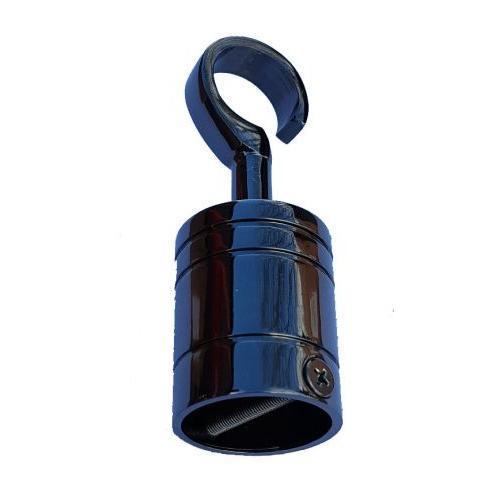 A glossy black nickel hook with a visible screw for securing a rope, against a plain background.