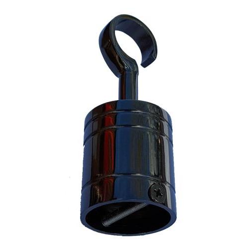A glossy black nickel hook with a visible screw for securing a rope, against a plain background.