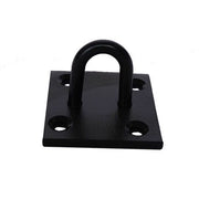 A black powder coated mild steel staple on a square steel plate with multiple post fittings.