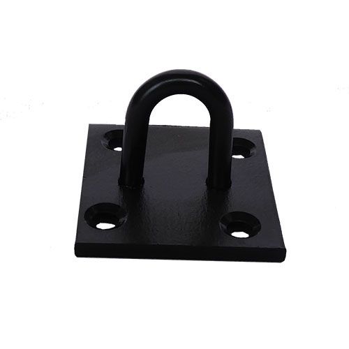 A black powder coated mild steel staple on a square steel plate with multiple post fittings.