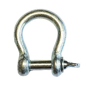 A silver-colored galvanised mild steel bow shackle with a visible pin and eye loop.