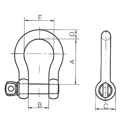 Technical drawing of a bow shackle with labeled dimensions on a white background