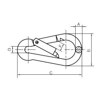 Technical drawing of a carabiner with labeled dimensions on a white background