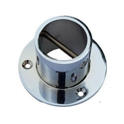A glossy chrome rope end cup/plate with visible screws and a metal cross screw, designed for attaching a rope to a post.