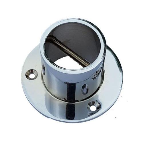 A glossy chrome rope end cup/plate with visible screws and a metal cross screw, designed for attaching a rope to a post.