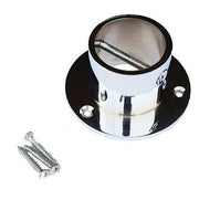 A glossy chrome rope end cup/plate with visible screws and a metal cross screw, designed for attaching a rope to a post.